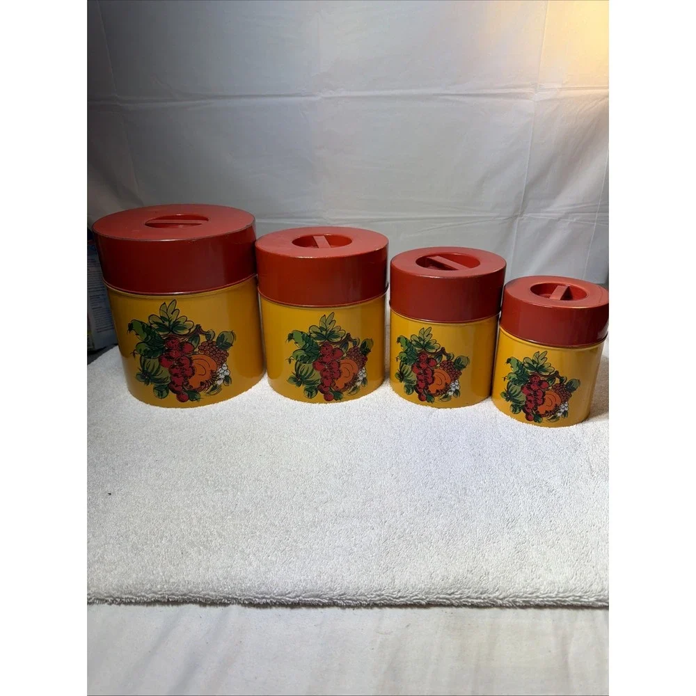 Vintage/Retro Metal Canister Set 4pc Yellow/Red Floral w/ Lids 16 oz